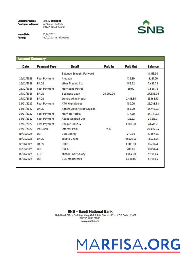 Blank Saudi Arabia SNB bank statement word real example